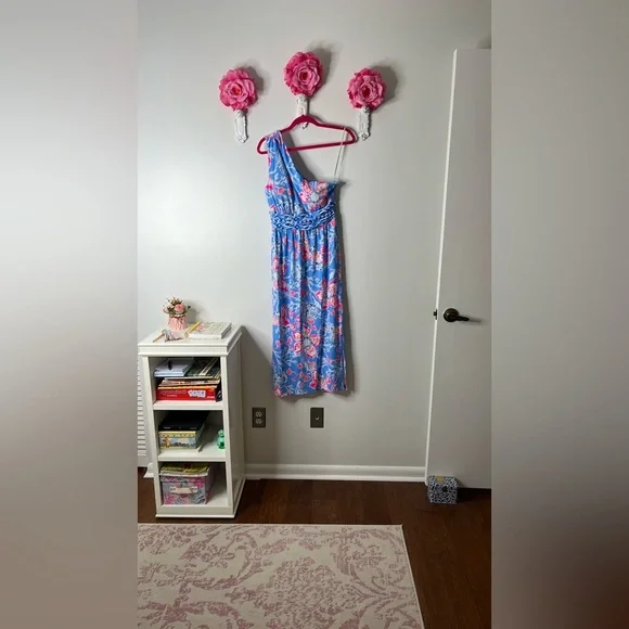 Lilly Pulitzer Helina One Shoulder Midi Blue Dress in Bahamian Rhapsody Swim, M. - Picture 13 of 14